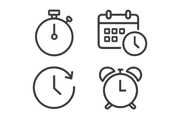 Minimalist Time Management and Clock Icon Set. Line Style Web Icons Collection. Stopwatch, Calendar, Countdown Timer, Alarm Clock, Recovery, Schedule, Date, Time Symbol, Productivity Tools.