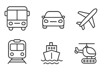 Linear Style Transport and Vehicle Icon Set for Web and Mobile Apps &ndash; Public Transport, Car, Bus, Train, Ship, Plane, Helicopter, Modern Travel and Delivery Symbols
