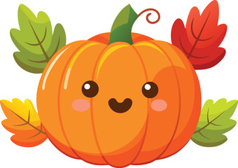 Cute smiling pumpkin with autumn leaves fall