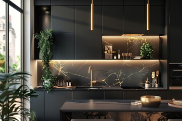 Stylish black kitchen interior with gold accent lighting, marble backsplash, indoor plants, and open shelving, designed with a sophisticated urban aesthetic and moody color palette