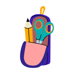 Open pencil case with a yellow pencil and green scissors. Colorful school stationery illustration. Perfect for back to school and education designs. Isolated