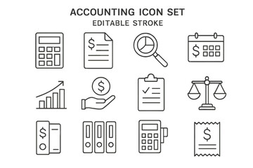 Accounting icon set. Thin line icons for finance, banking, and business. Vector symbols for budget, audit, tax, and analysis. Editable stroke for easy customization.