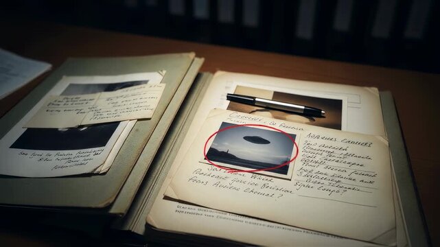 Vintage crime investigation files with photographs and handwritten notes on wooden desk. Detective case documentation. Forensic evidence analysis in dimly lit room.