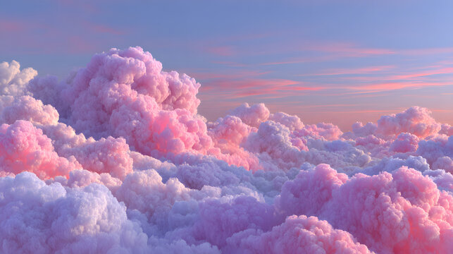 Abstract 3d candy fluffy texture with gradient cotton candy clouds in the sky. Fantasy pink cloud in sky pastel background. Fairy Paradise realistic soft cloudy sunset landscape.
