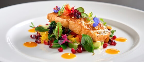 The gourmet salmon dish beautifully plated with colorful fresh ingredients and herbs.