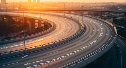 Sunrise over a modern highway interchange showcases urban transportation infrastructure and connectivity in a bustling city