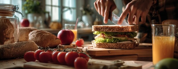 The sandwich being prepared with fresh ingredients in a cozy kitchen setting.
