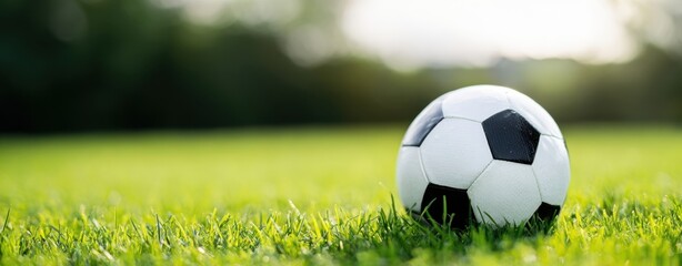 The soccer ball resting on a vibrant green grass field in daylight.