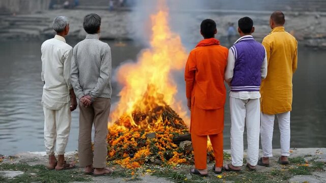 Mourners observing cremation ceremony by river