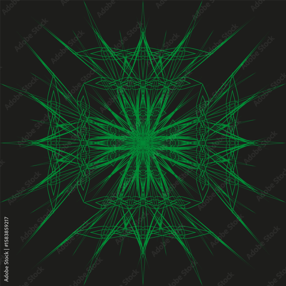 Poster green linear pattern. abstract star vector. dynamic radial design. dark background illustration.