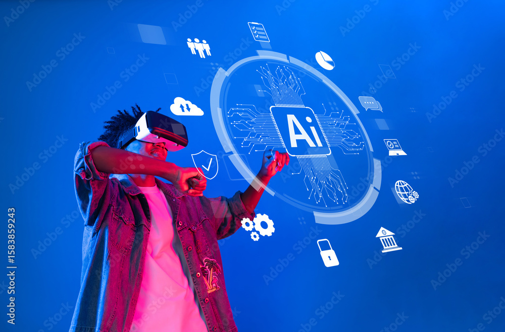 Poster a dynamic scene of a young individual engaging with virtual reality technology, surrounded by ai-rel