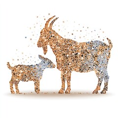 Two goats, a mother and a kid, depicted in a mosaic style using small, colorful shapes