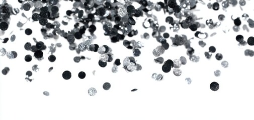 The Sparkling Confetti Dance of Black and Silver on a White Background.