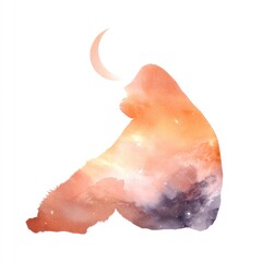 Silhouetted orangutan in cosmic watercolor