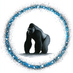 Gorilla framed in a speckled, blue circle