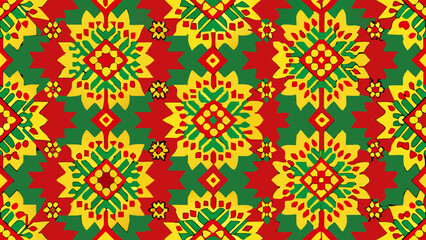Vibrant Geometric Pattern Seamless Repeating Ornament in Red, Yellow, and Green