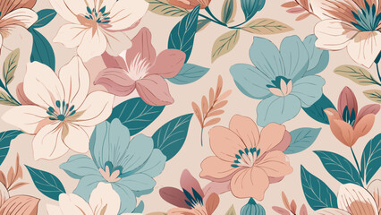 Elegant Floral Pattern A Seamless Design with Hand-Drawn Flowers and Colorful Leaves for Creative Projects