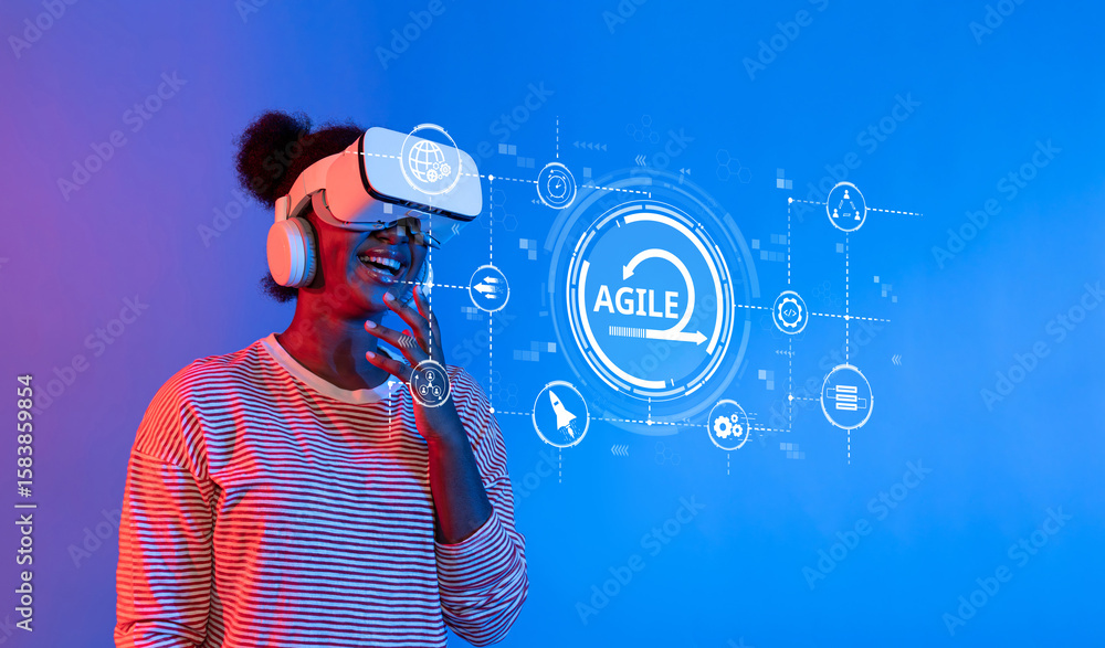 Poster a joyful young woman explores a virtual reality world using a headset, surrounded by a vibrant blue 