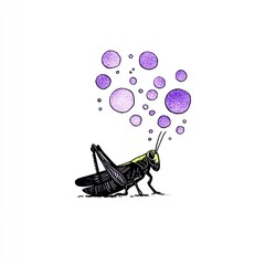 A grasshopper surrounded by purple bubbles