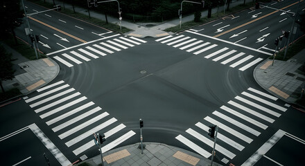 Fototapeta premium Urban Crossroads Aerial View With Pedestrian Crosswalks And Traffic Signals