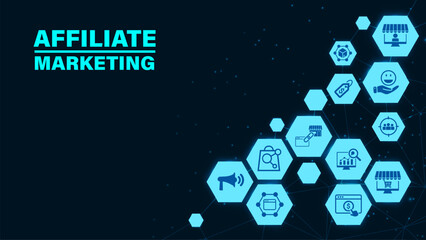 Affiliate marketing concept with icons. Pay per click, buyer, publisher, link, advertising, website, SEO, merchant. Web vector infographic