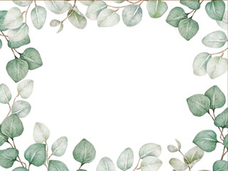 A delicate watercolor frame of eucalyptus leaves and branches, framing the central space free for photo text. Ideal for text and creating an atmosphere of calm and nature