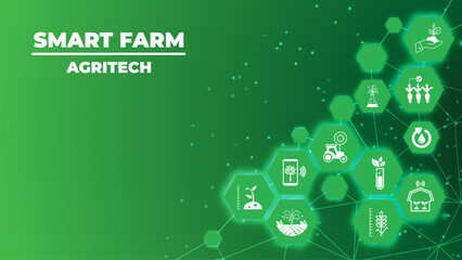 smart farm or agritech vector illustration. Banner with connected icons related to smart agriculture technology, digital iot farming methods and farm automation.
