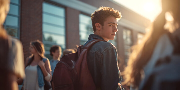 A young student with a backpack looks over his shoulder as he walks outdoors on a sunny campus, capturing a moment of reflection amidst the bustling student life and the warm glow of the setting sun - Powered by Adobe