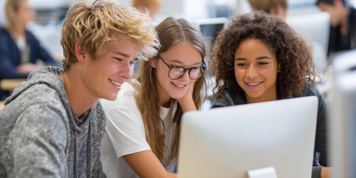 Three smiling students, two male and one female, are happily collaborating and looking at a desktop computer screen in a classroom or library setting, engaged in shared digital learning
