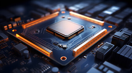Fototapeta premium Glowing Computer Processor on Dark Circuit Board computer chip