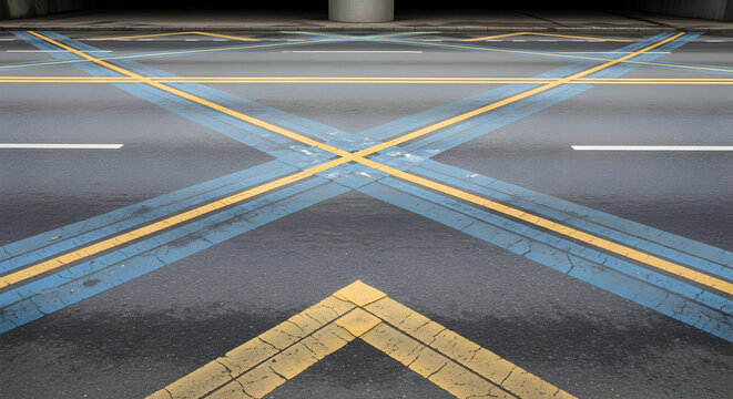Urban crossroads asphalt intersections with a complex network of road markings ahead