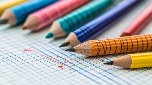 Colorful pencils arranged on graph paper for educational or artistic purposes in a classroom setting - Powered by Adobe
