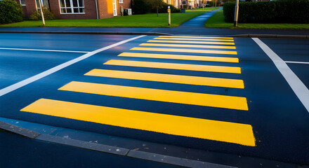 Vibrant yellow pedestrian crosswalk markings on a dark asphalt road enhance safety and visibility for pedestrians and traffic management