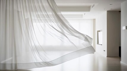 Sheer white curtain billowing in breeze. Minimalist interior with bright sunlight. Empty room with flowing fabric. Airy, light-filled space concept for home decor. - Powered by Adobe