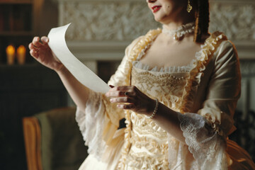 Caucasian young adult woman wearing ornate Baroque style dress holding parchment with both hands,...
