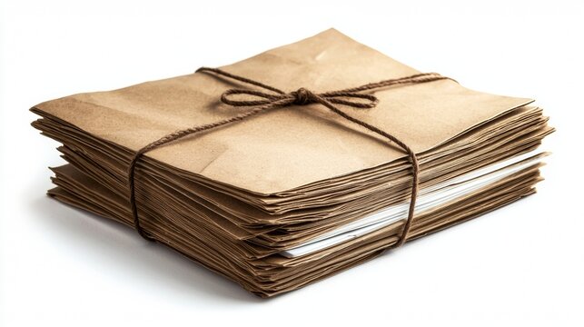 Stack of tied brown paper bundles resting on a white surface for storage or organization purpose