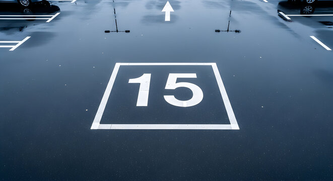 View of parking space number fifteen in a wet parking area reflecting light and direction marking