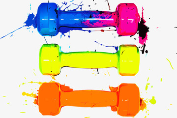 Colorful dumbbells for fitness are displayed against a stark white background, stacked neatly one above another. Fitness dumbbells showcase vibrant hues and abstract paint splashes,