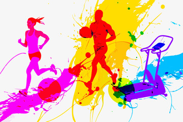 Colorful sports scene showing running, basketball, and a treadmill on a white background. Energetic sports scene featuring vibrant colors splashed across white backdrop,