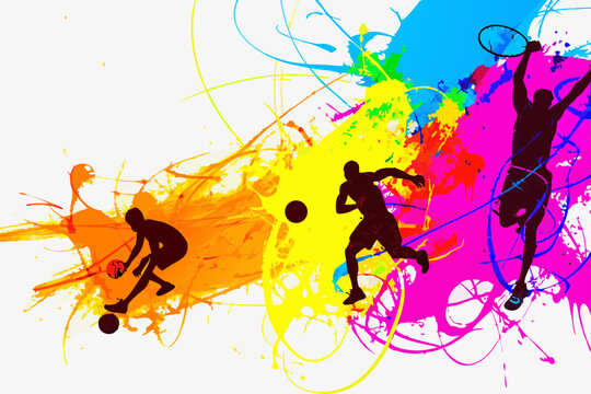 Active sports on colorful background with paint splatters and silhouette figures. Active sports with action figures playing team games: basketball, tennis, and soccer.
