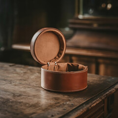 A round leather pochon on a wooden table in a dark ambiance.