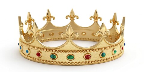 A golden crown adorned with jewels representing royalty and power on white background