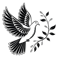 Dove with Olive Branch Symbol of Peace and Hope Black and White Illustration