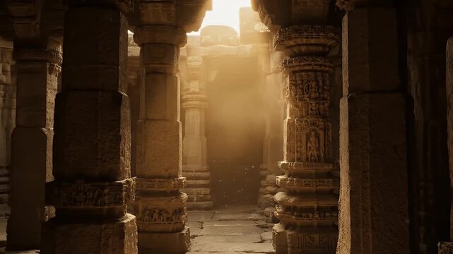 A cinematic shot from inside a dark, ancient stone temple corridor, where a single, powerful sunbeam illuminates a beautifully carved pillar.