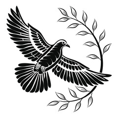 Dove of Peace Flying with an Olive Branch in a Black and White Illustration