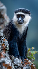 Obraz premium A monkey with a white face and black hair is sitting on a rock