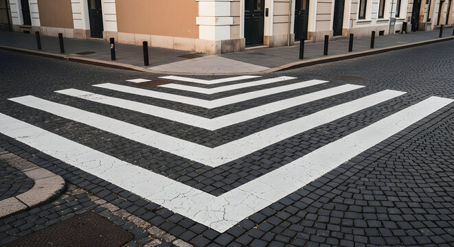 Urban crosswalk featuring a geometric design with vintage cobblestone streetscape