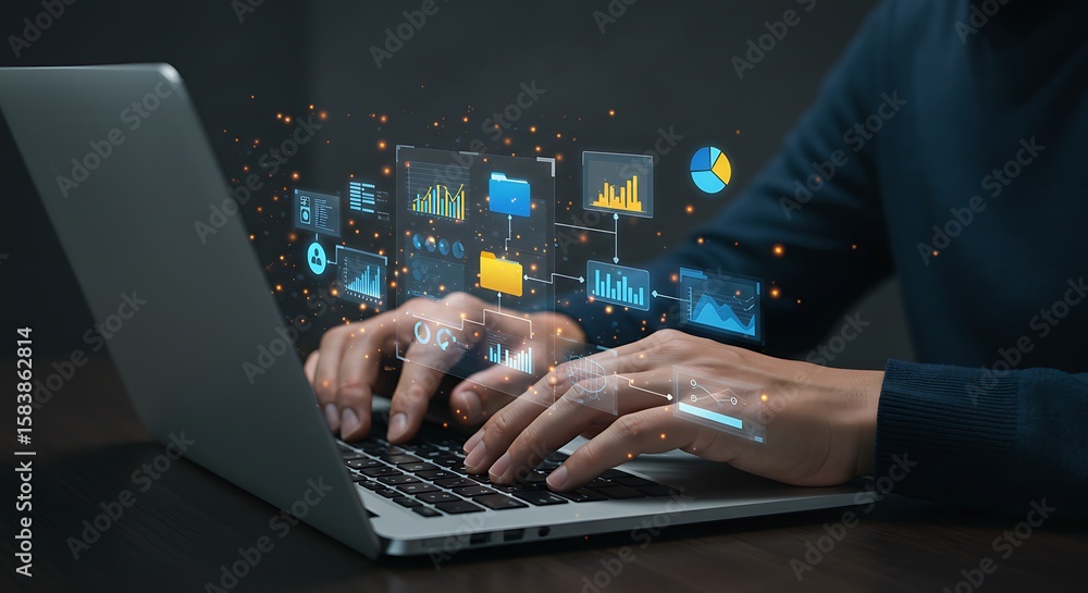 Poster a person is typing on a laptop with digital charts and graphs floating above, representing data anal