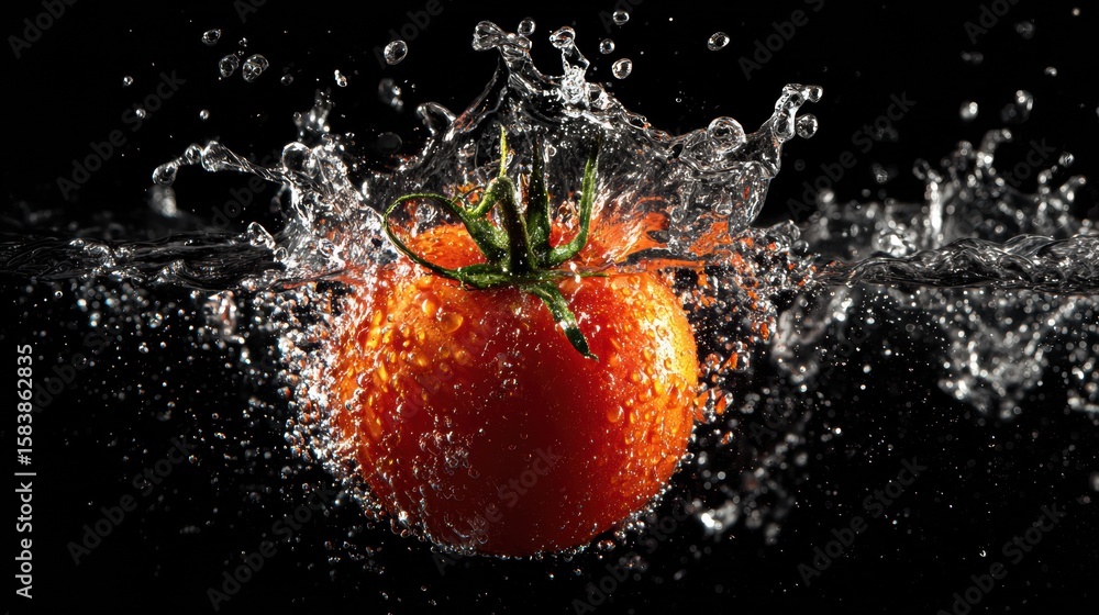 Poster tomato splashes in water creating high-speed effects in a clean and striking layout