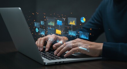 A person is typing on a laptop with digital charts and graphs floating above, representing data analysis and business intelligence